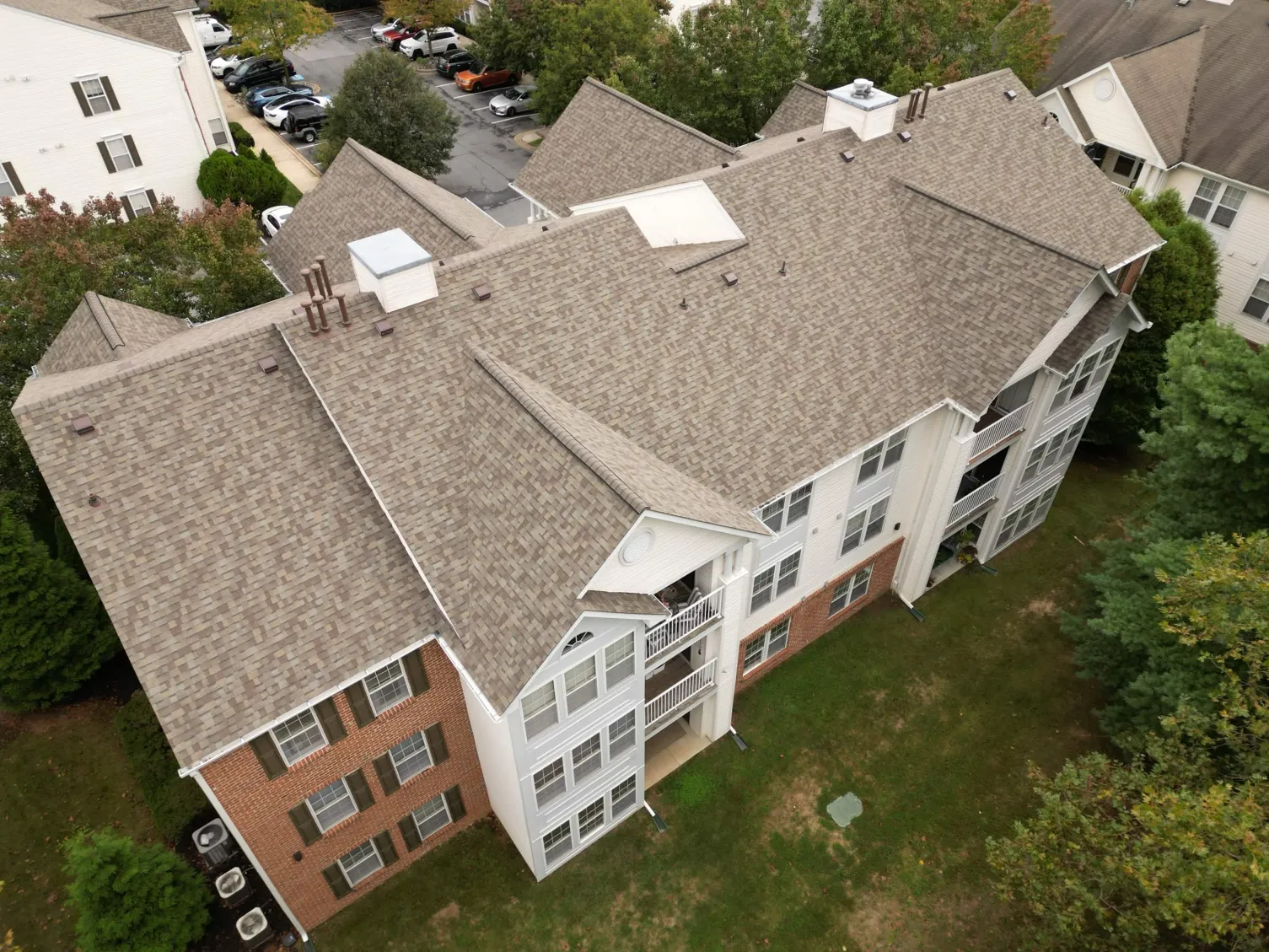 Aerial view of a clean roof after soft washing